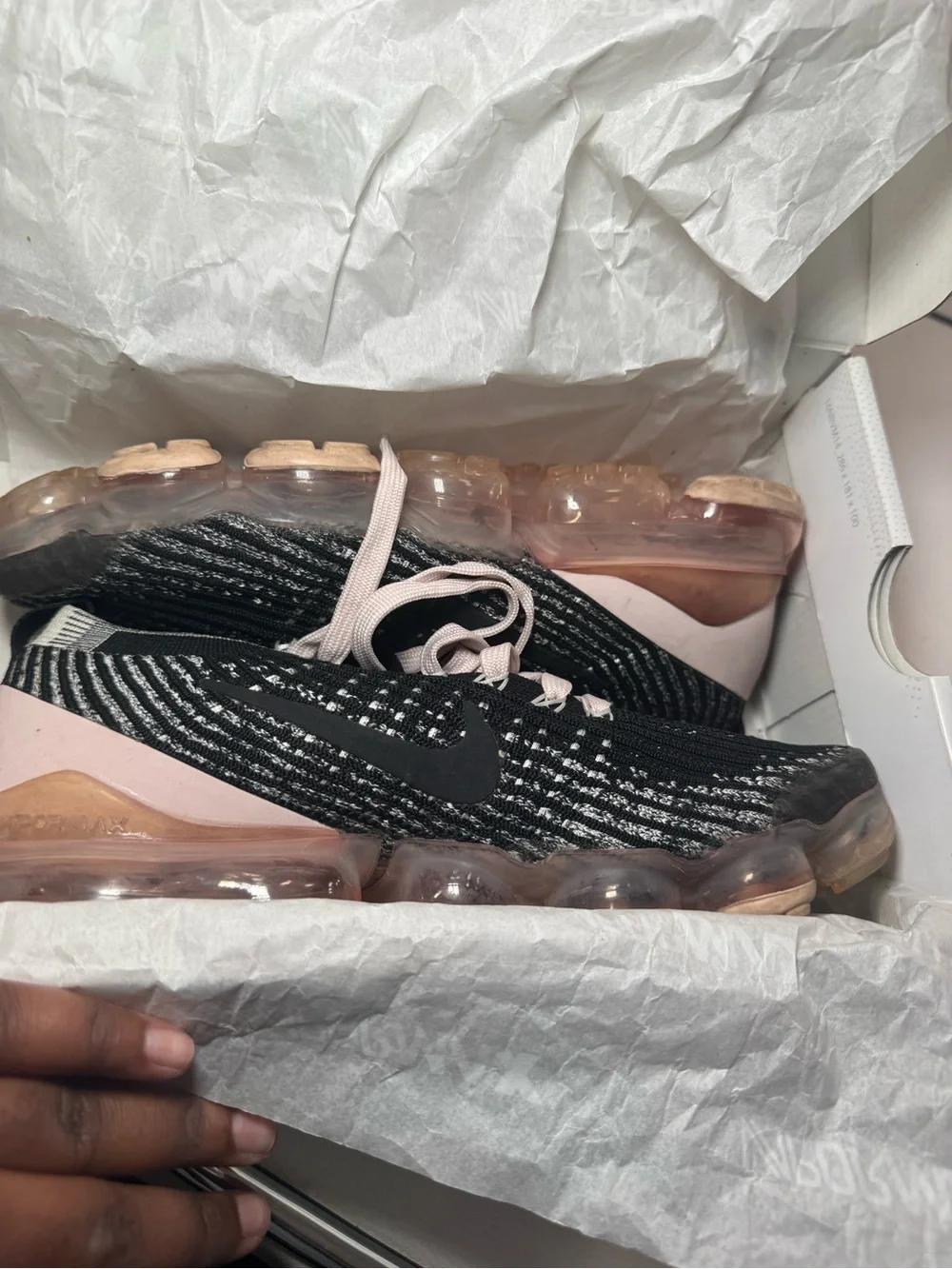 Nike Women's Black and Pale Pink Flyknit VaporMax Sneakers